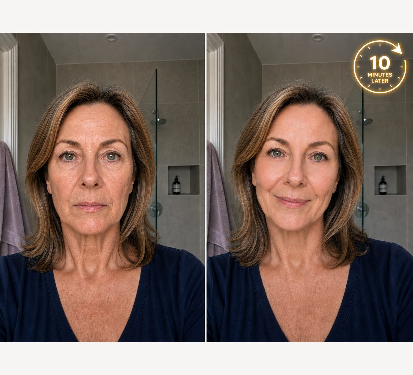 The same woman ten minutes apart in bathroom light. The under eye area looks lifted and less shadowed.