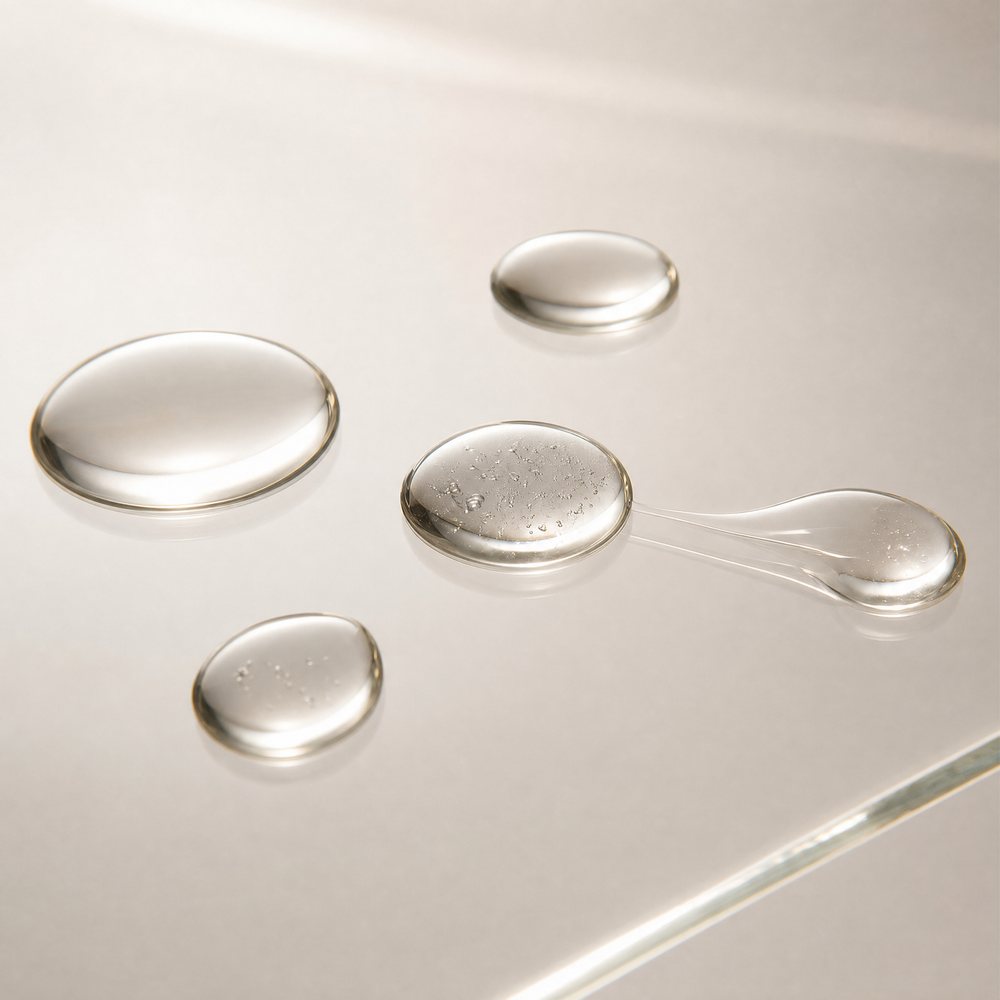 Macro still life of clear serum droplets resting on glass, one beginning to draw a fine web across the surface