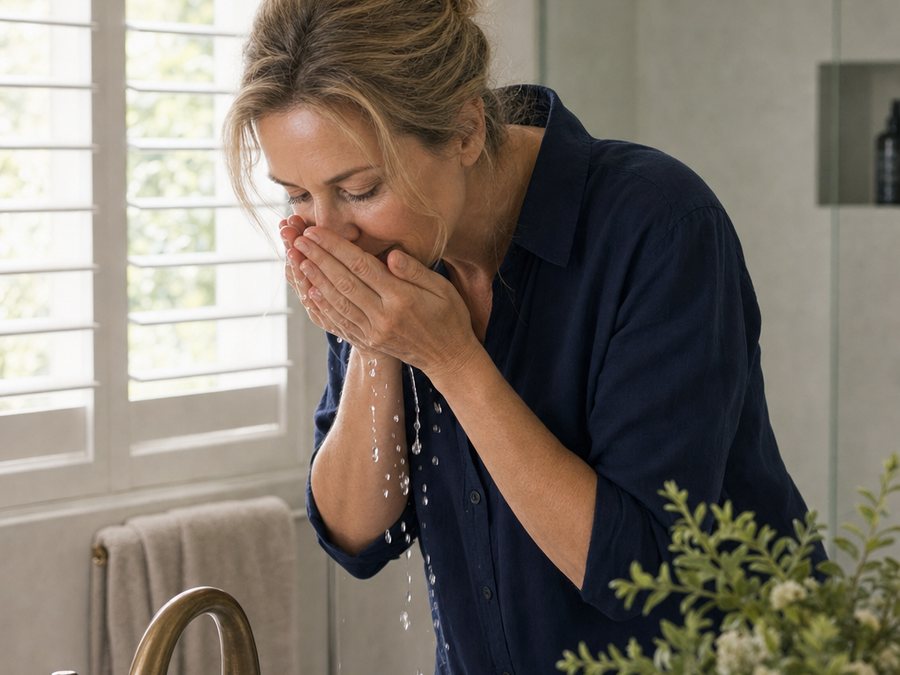 A woman rinsing her face with water at a bathroom basin in morning light
